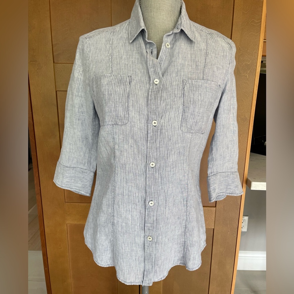 MAX MARA WEEKEND Women's Linen Blue/White Pinstripe Short Sleeve Shirt, Size 4-6 - Picture 14 of 14